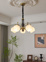 Antonia Modern Brass and Walnut Chandelier with Frosted Glass Shades