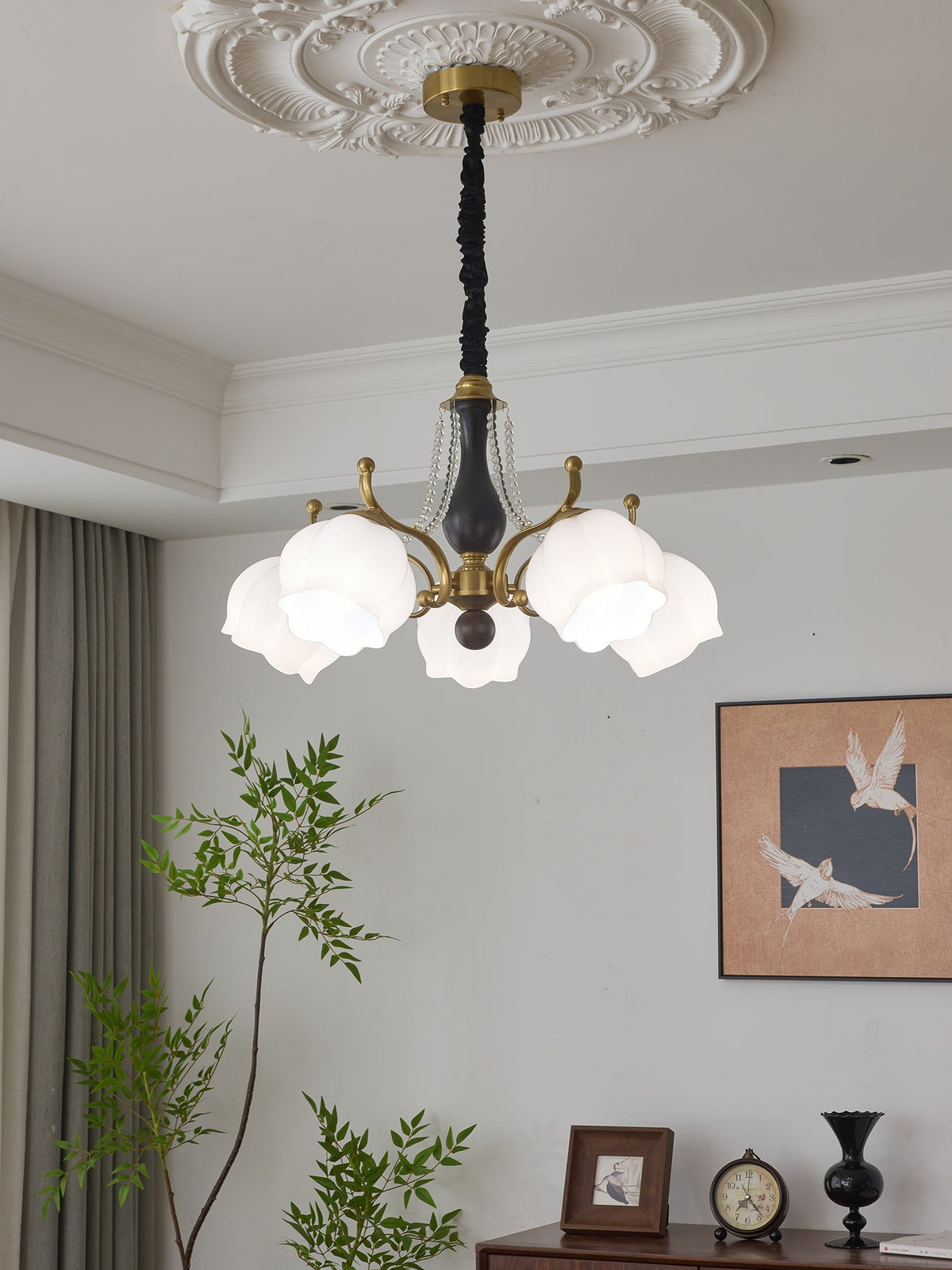Antonia Modern Brass and Walnut Chandelier with Frosted Glass Shades