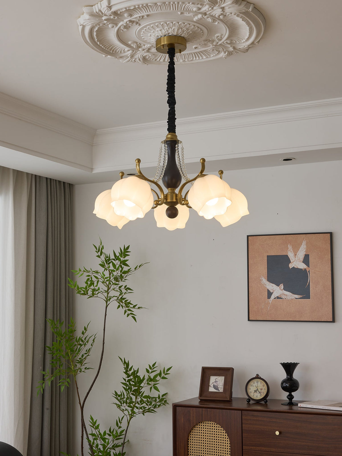 Antonia Modern Brass and Walnut Chandelier with Frosted Glass Shades