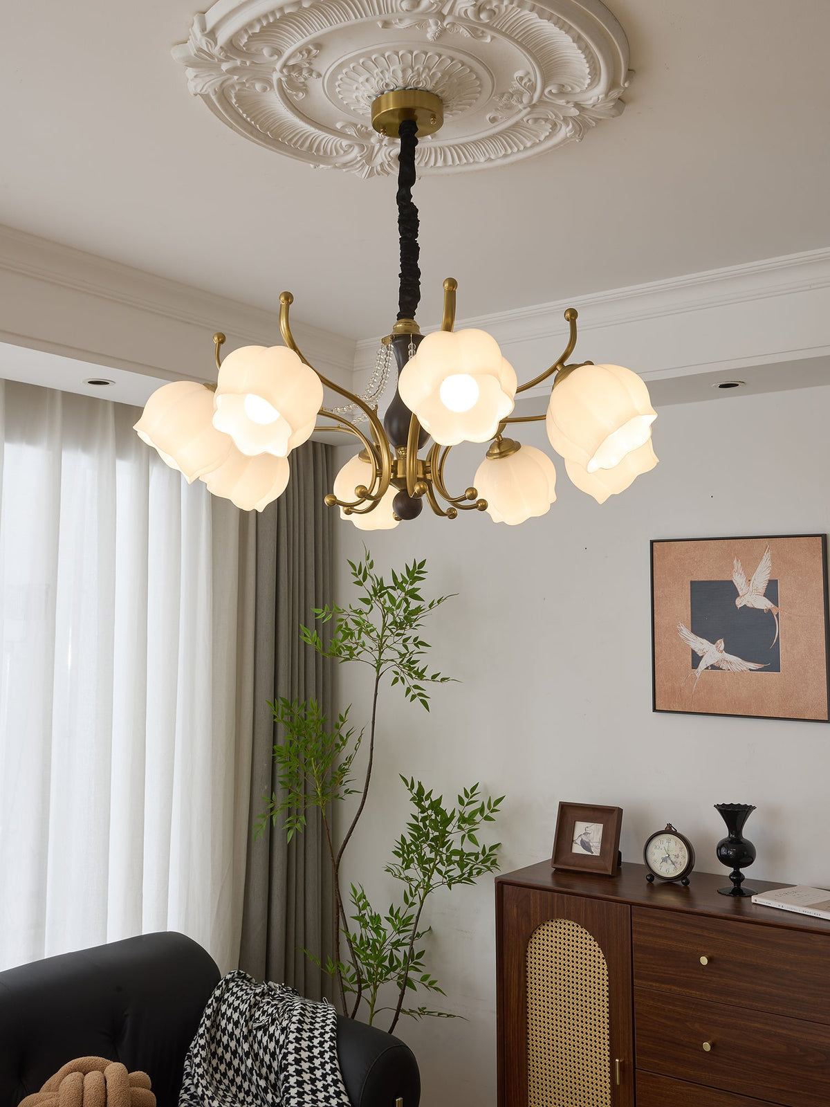 Antonia Modern Brass and Walnut Chandelier with Frosted Glass Shades