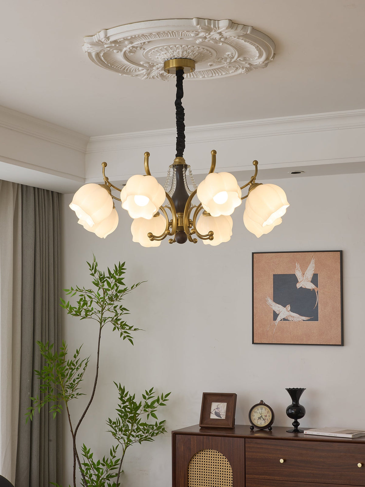 Antonia Modern Brass and Walnut Chandelier with Frosted Glass Shades