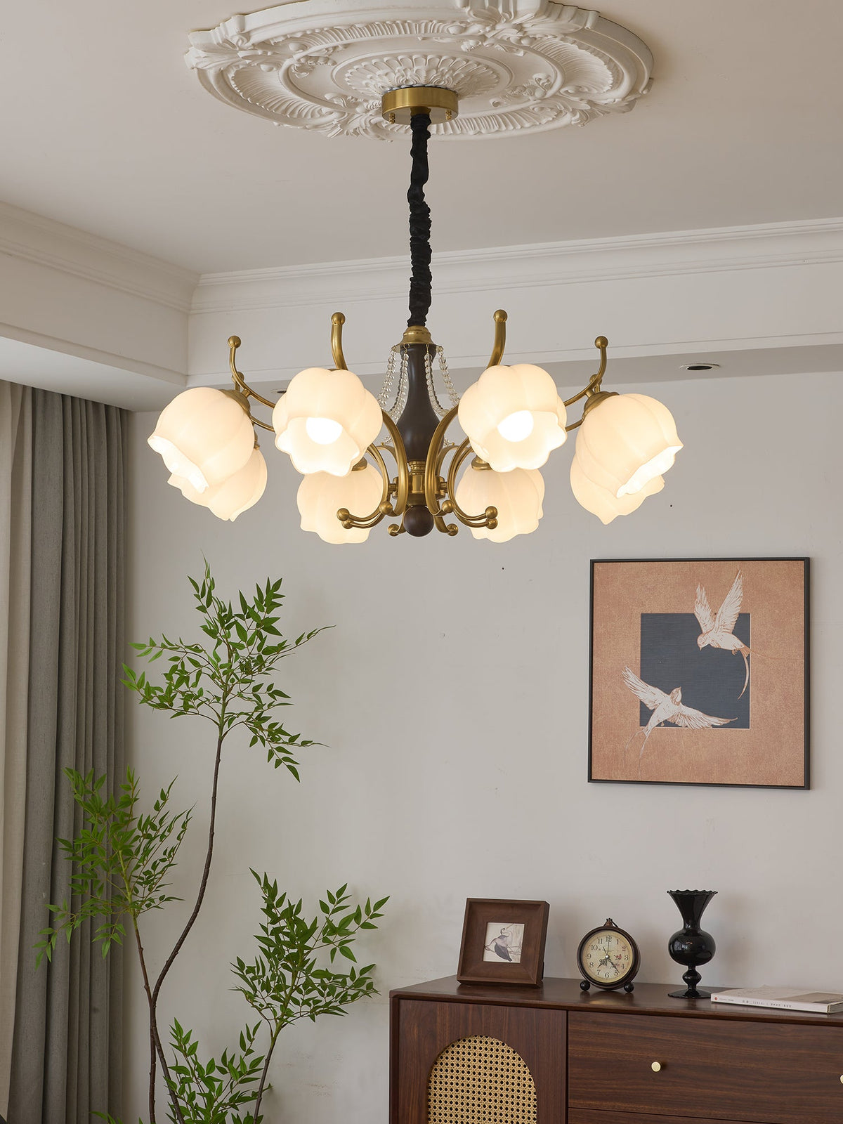 Antonia Modern Brass and Walnut Chandelier with Frosted Glass Shades