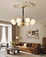 Antonia Modern Brass and Walnut Chandelier with Frosted Glass Shades