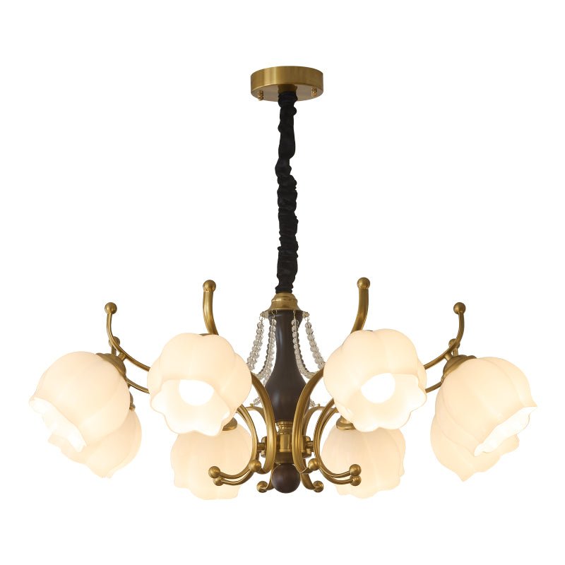 Antonia Modern Brass and Walnut Chandelier with Frosted Glass Shades