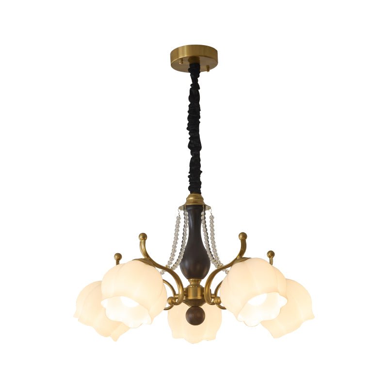 Antonia Modern Brass and Walnut Chandelier with Frosted Glass Shades