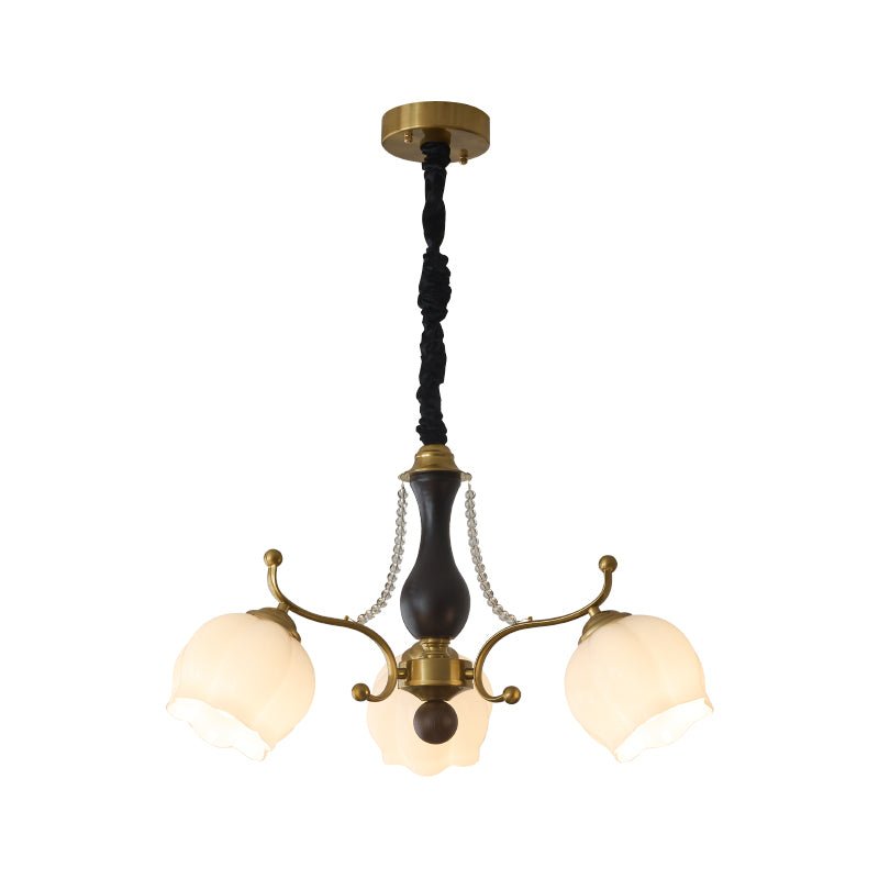 Antonia Modern Brass and Walnut Chandelier with Frosted Glass Shades