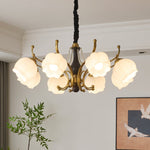 Antonia Modern Brass and Walnut Chandelier with Frosted Glass Shades