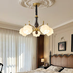 Antonia Modern Brass and Walnut Chandelier with Frosted Glass Shades
