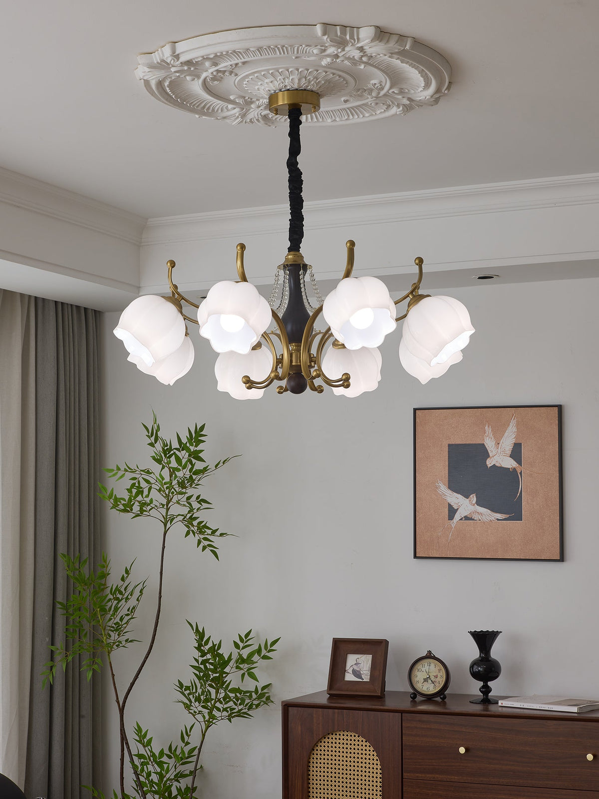 Antonia Modern Brass and Walnut Chandelier with Frosted Glass Shades