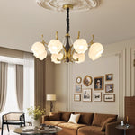 Antonia Modern Brass and Walnut Chandelier with Frosted Glass Shades