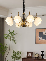 Antonia Modern Brass and Walnut Chandelier with Frosted Glass Shades