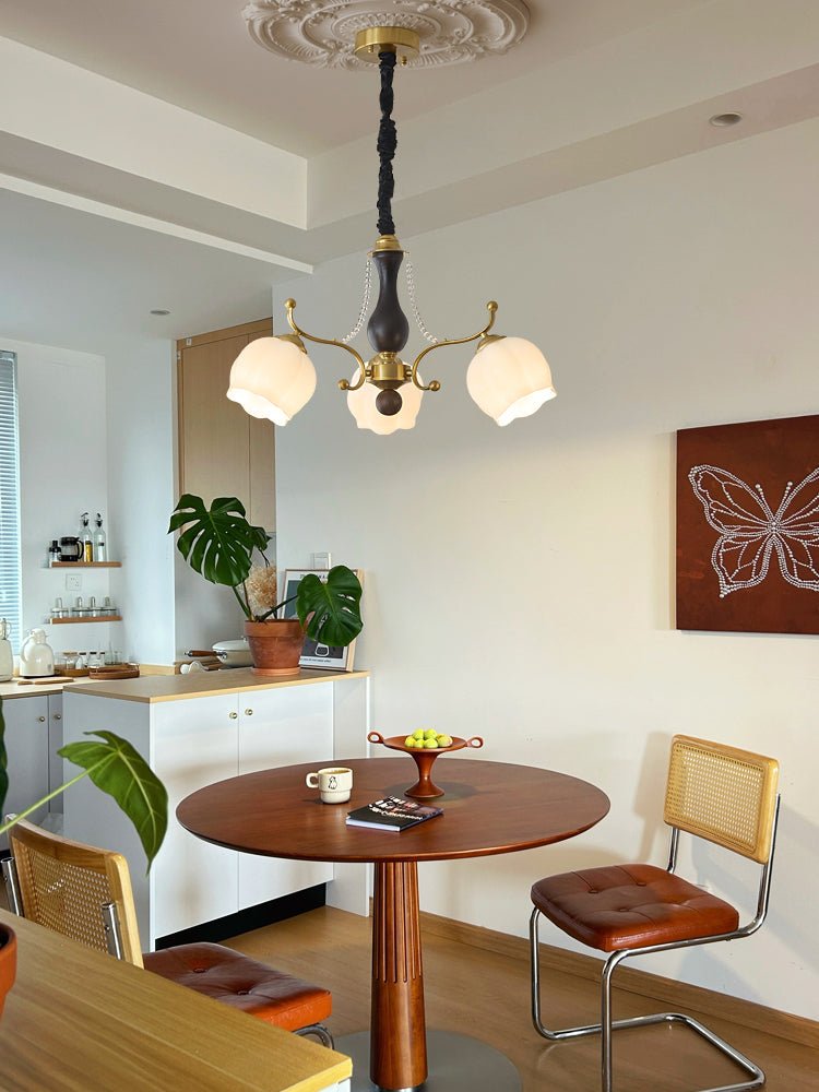 Antonia Modern Brass and Walnut Chandelier with Frosted Glass Shades