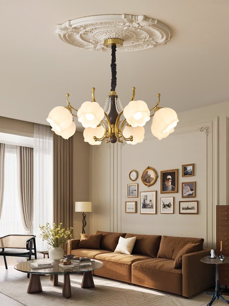 Antonia Modern Brass and Walnut Chandelier with Frosted Glass Shades