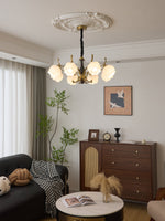 Antonia Modern Brass and Walnut Chandelier with Frosted Glass Shades