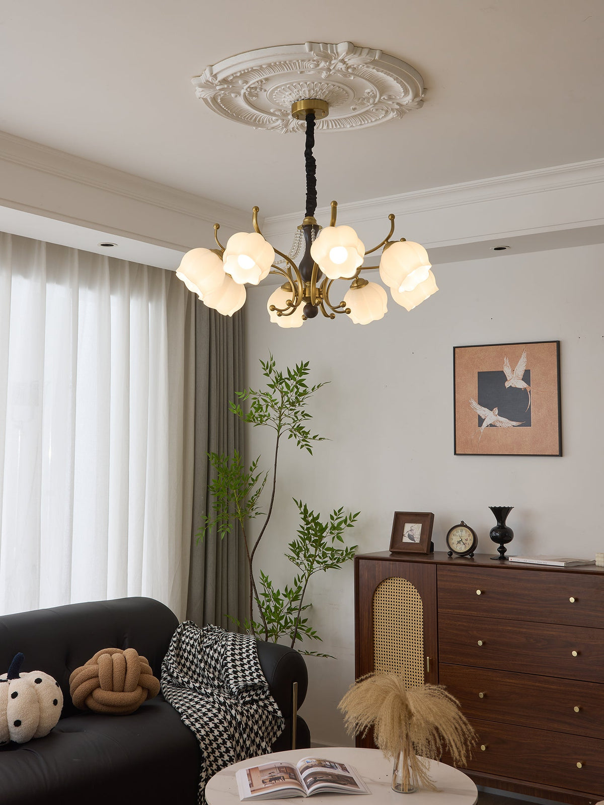 Antonia Modern Brass and Walnut Chandelier with Frosted Glass Shades