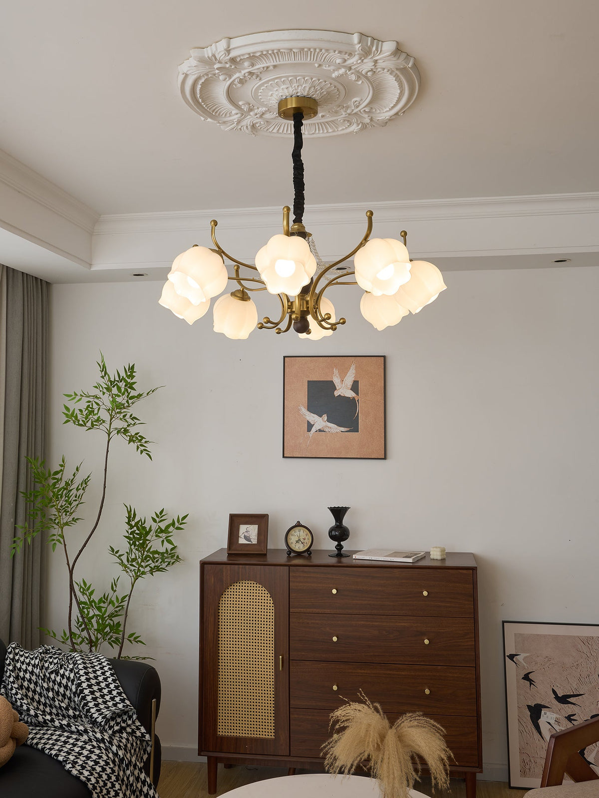 Antonia Modern Brass and Walnut Chandelier with Frosted Glass Shades