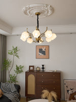 Antonia Modern Brass and Walnut Chandelier with Frosted Glass Shades