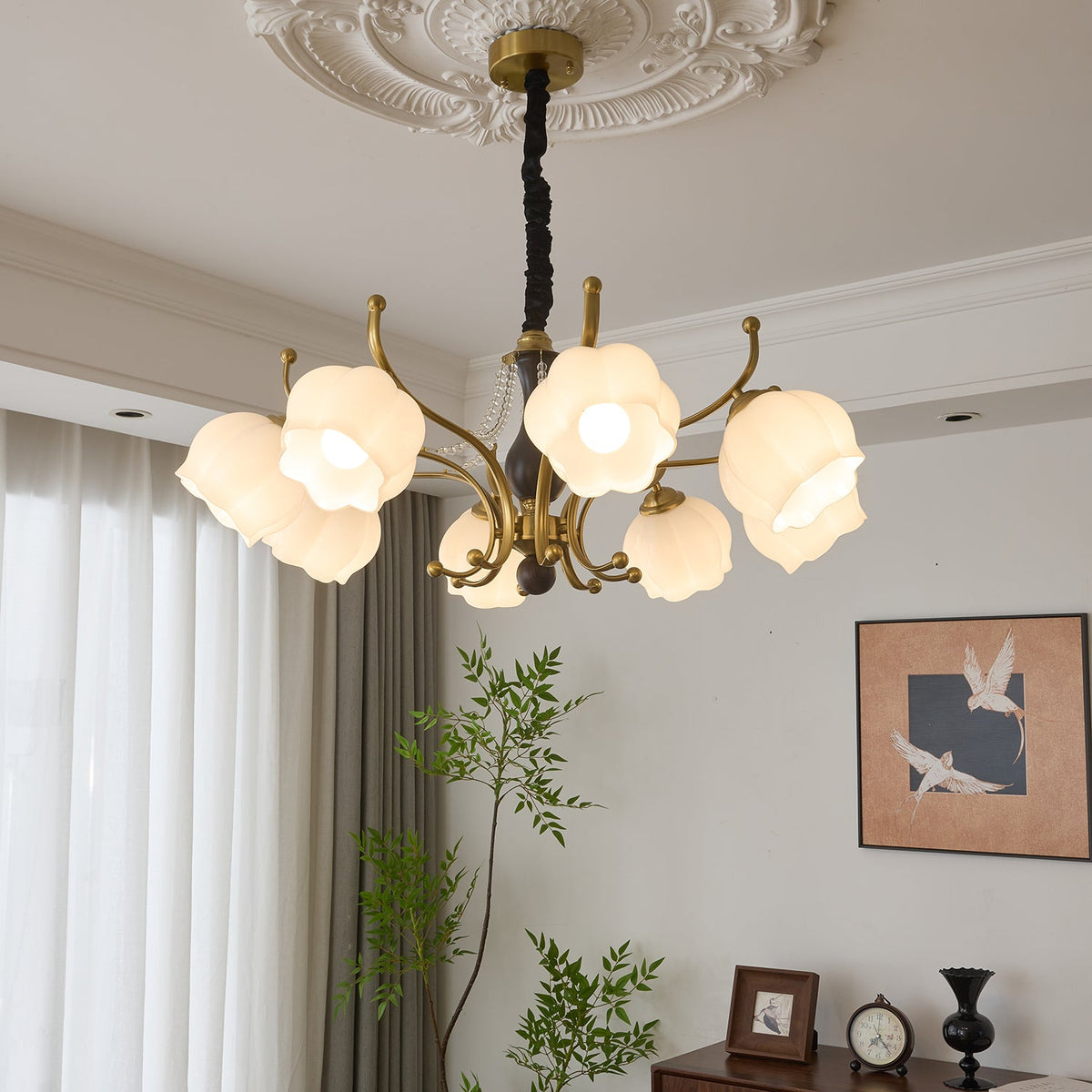 Antonia Modern Brass and Walnut Chandelier with Frosted Glass Shades