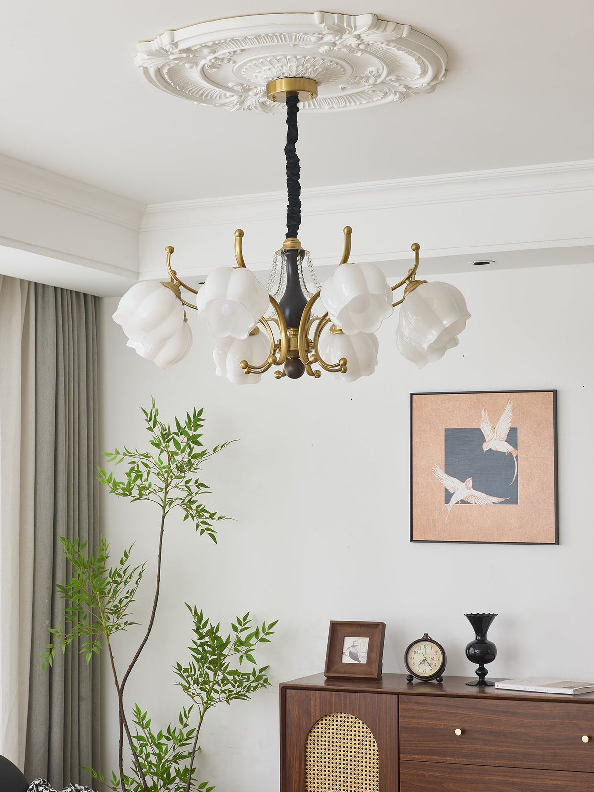 Antonia Modern Brass and Walnut Chandelier with Frosted Glass Shades
