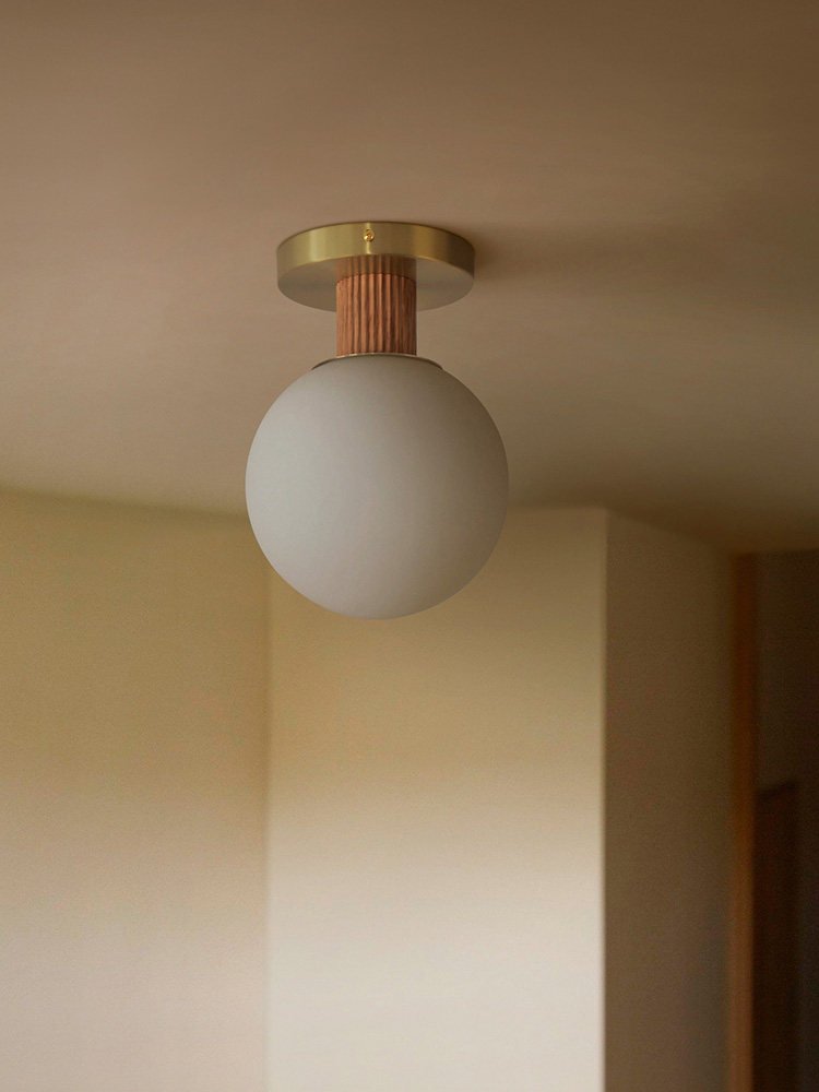 Antony Flush Mount Ceiling Light in Opal Glass and Walnut