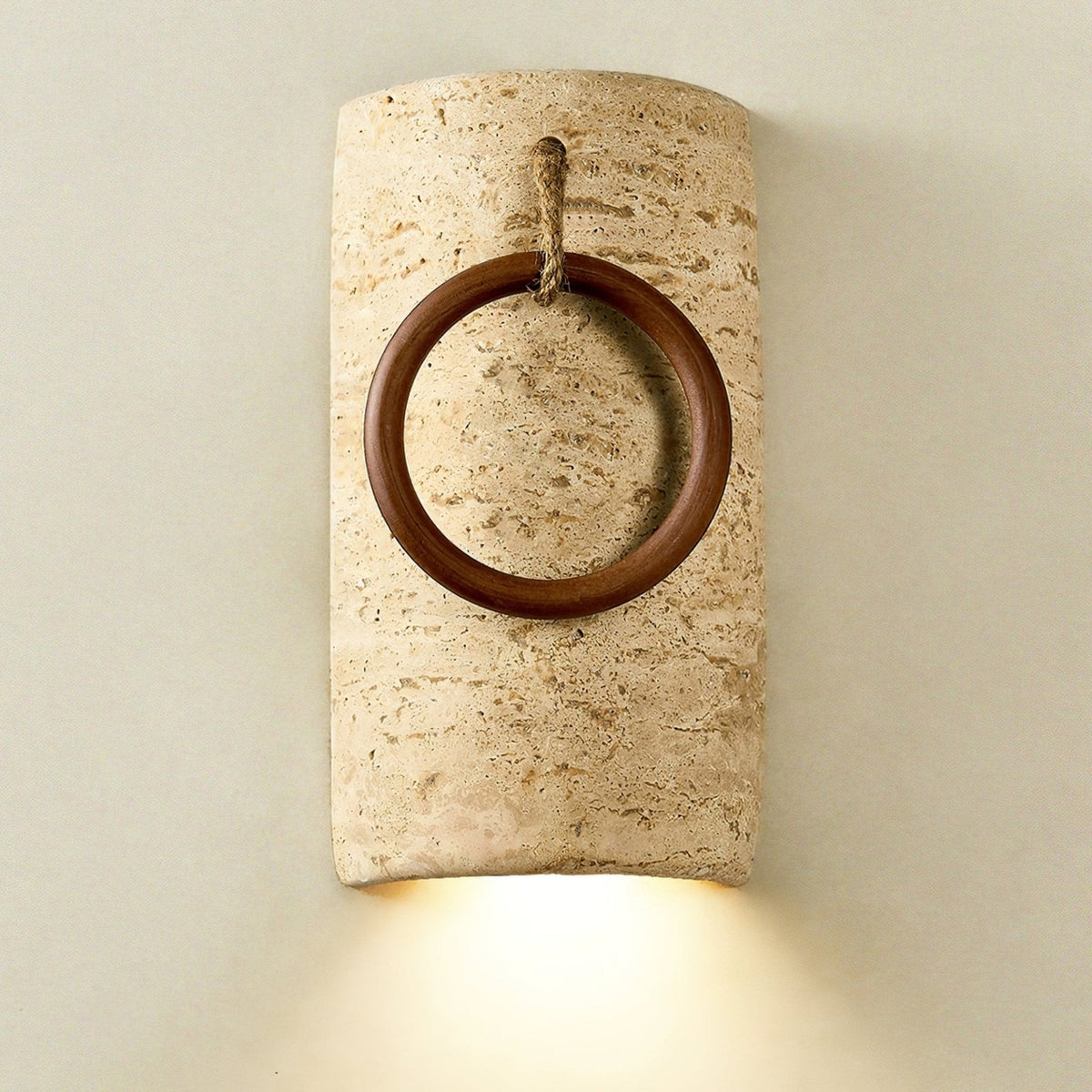 Anulo Travertine Wall Sconce with Wooden Ring Accent
