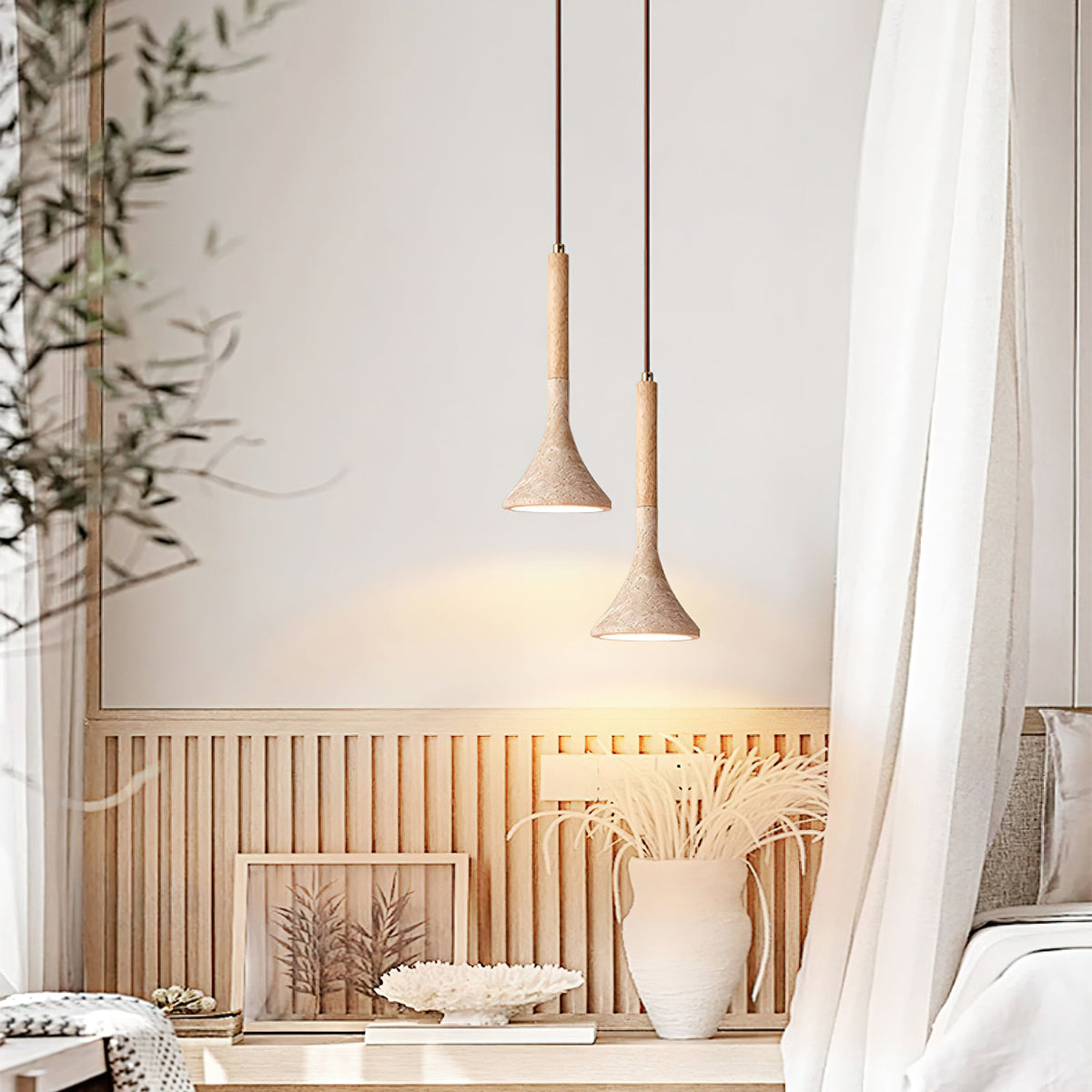 Aplomb Travertine Pendant Light – Natural Stone & Wood Minimalist Hanging Lamp
