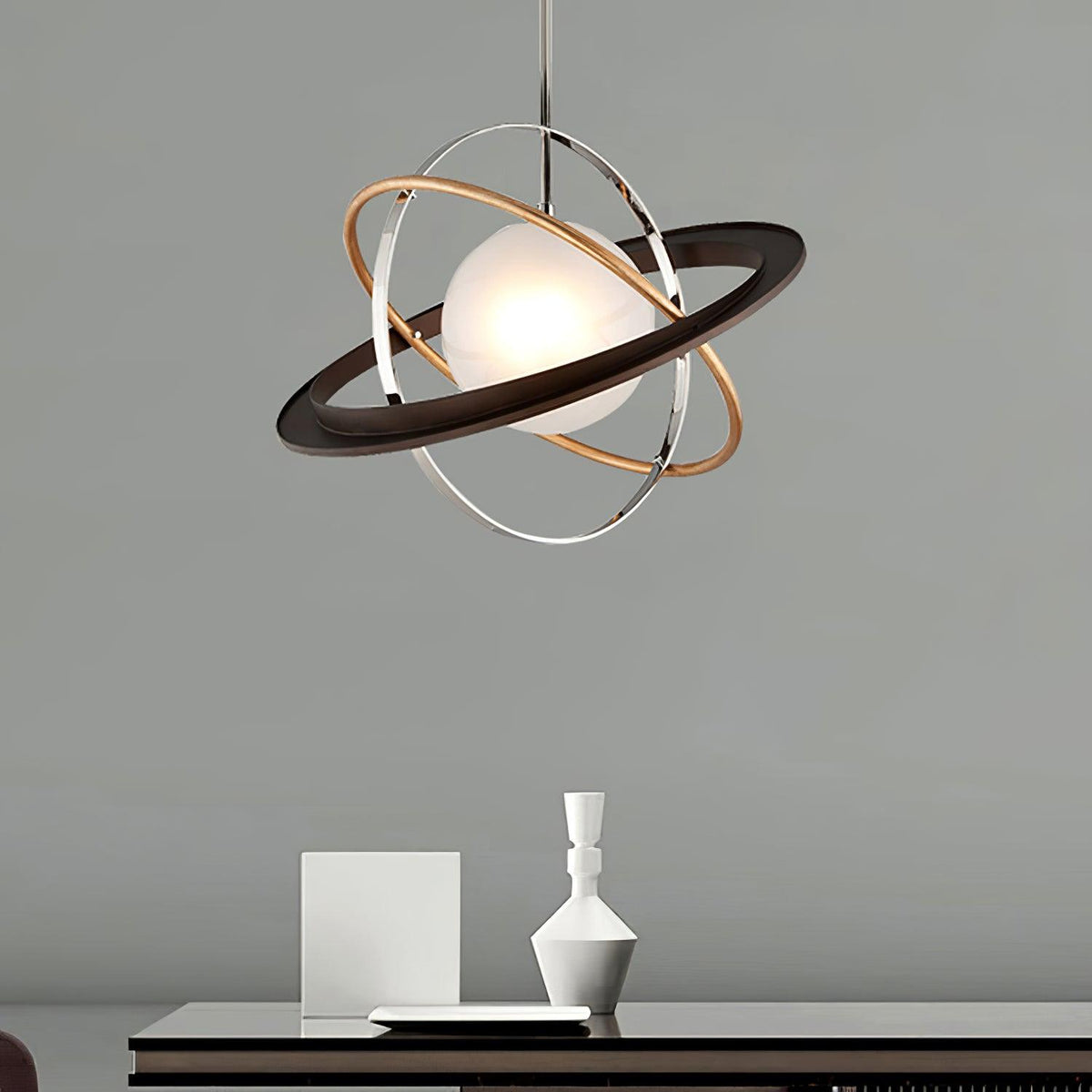 Apogee Modern Glass Pendant Light with Orbital Metal Rings