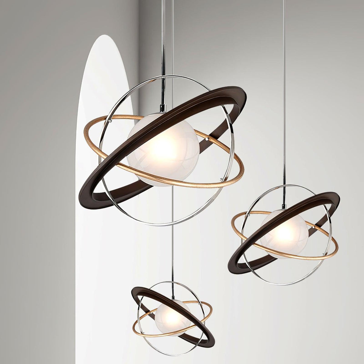 Apogee Modern Glass Pendant Light with Orbital Metal Rings