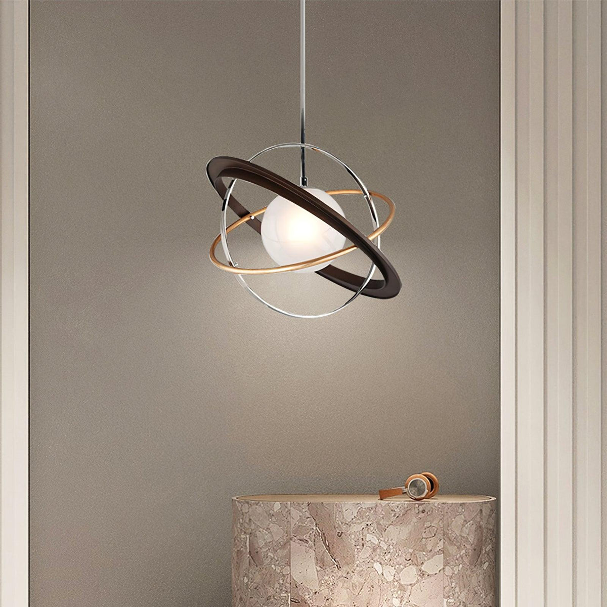 Apogee Modern Glass Pendant Light with Orbital Metal Rings