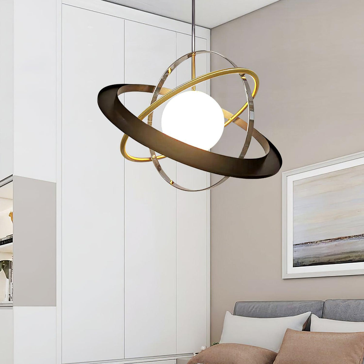 Apogee Modern Glass Pendant Light with Orbital Metal Rings