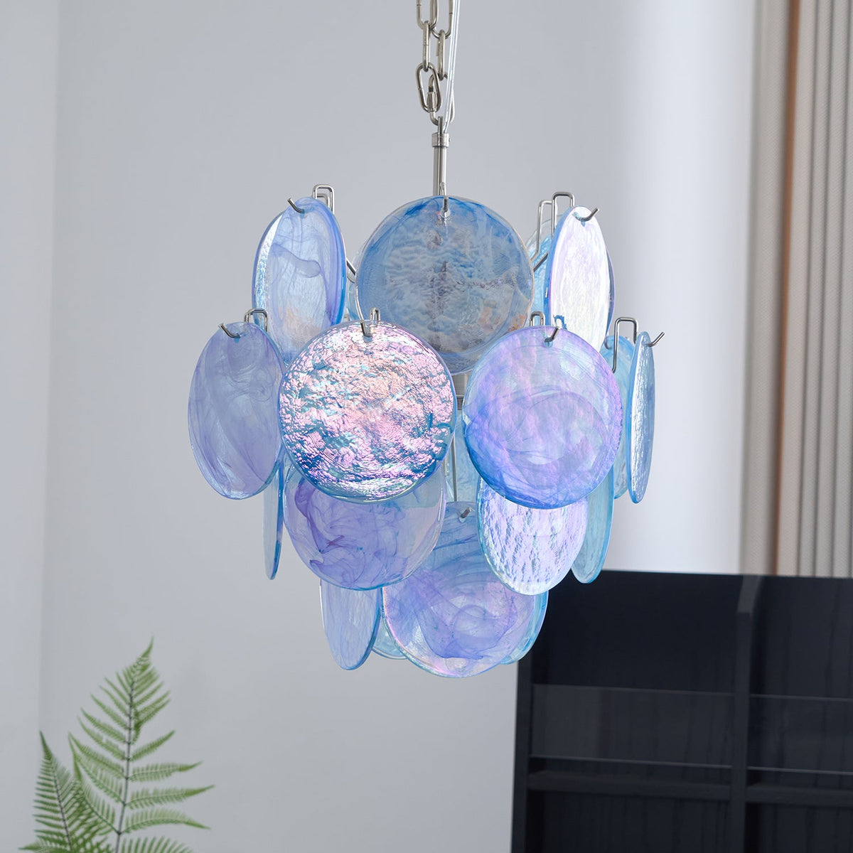 Aqua Blue Glass Disc Chandelier | Modern Murano-Style Pendant Light for Dining Room and Living Room