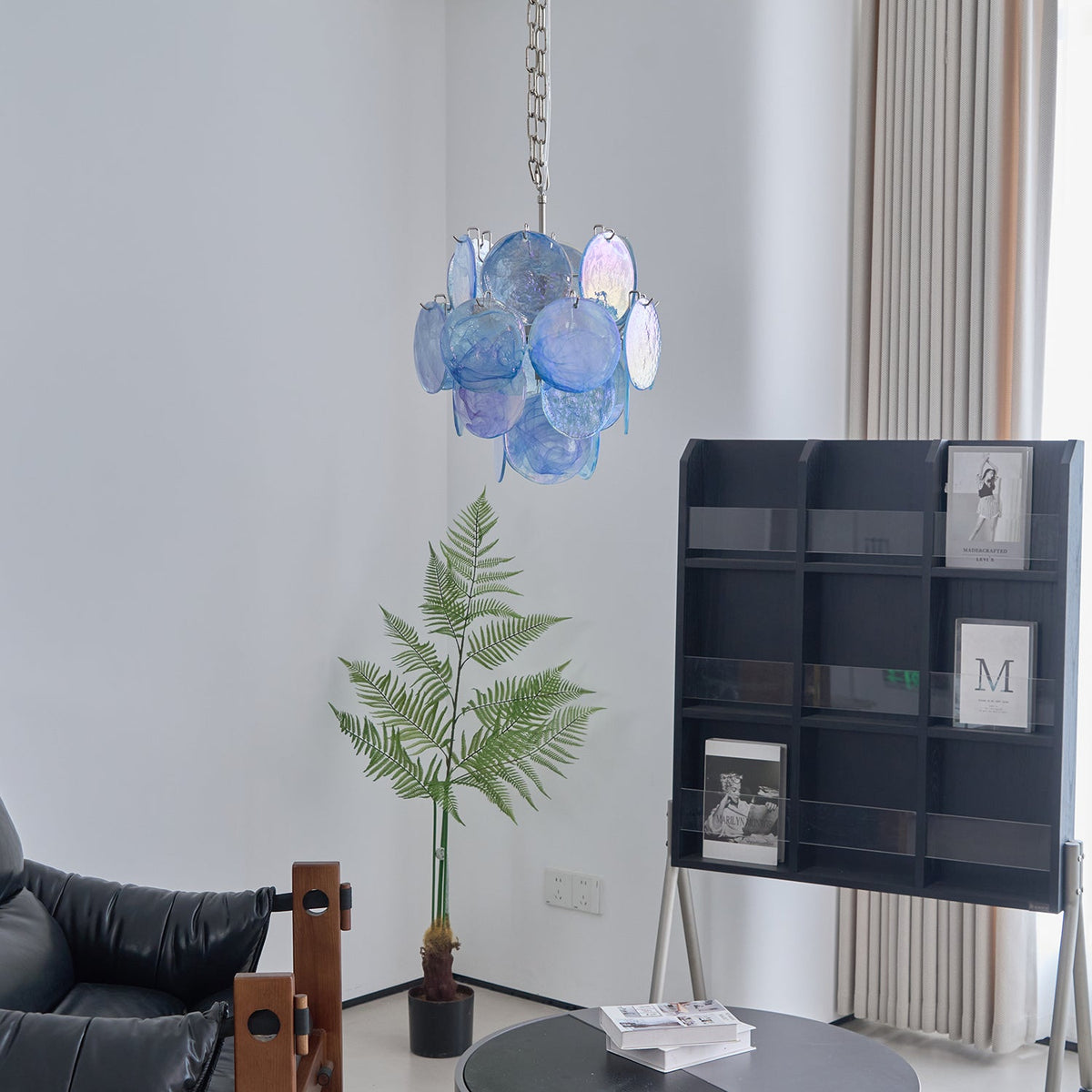 Aqua Blue Glass Disc Chandelier | Modern Murano-Style Pendant Light for Dining Room and Living Room