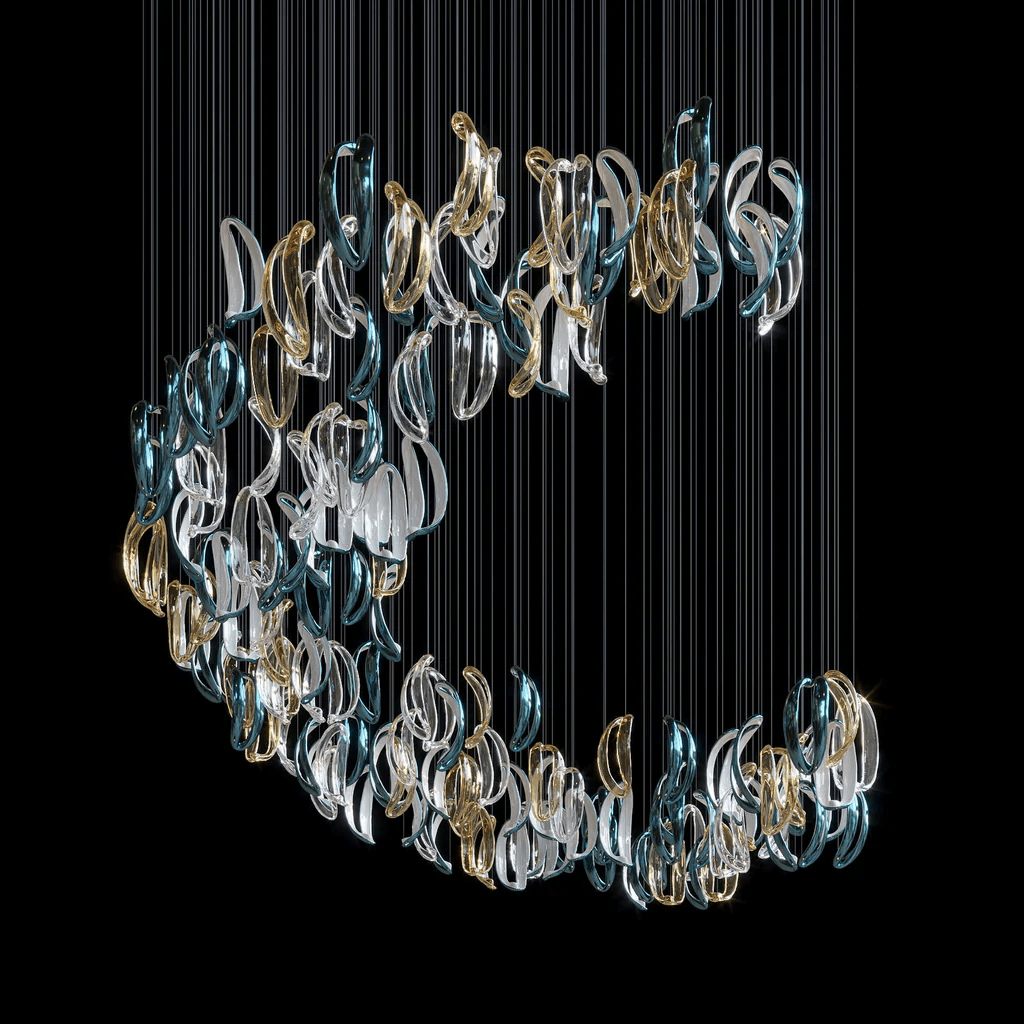 Aqua Ripple Hand-Blown Glass Art Chandelier | Custom Designer Lighting
