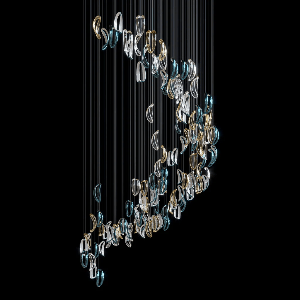 Aqua Ripple Hand-Blown Glass Art Chandelier | Custom Designer Lighting