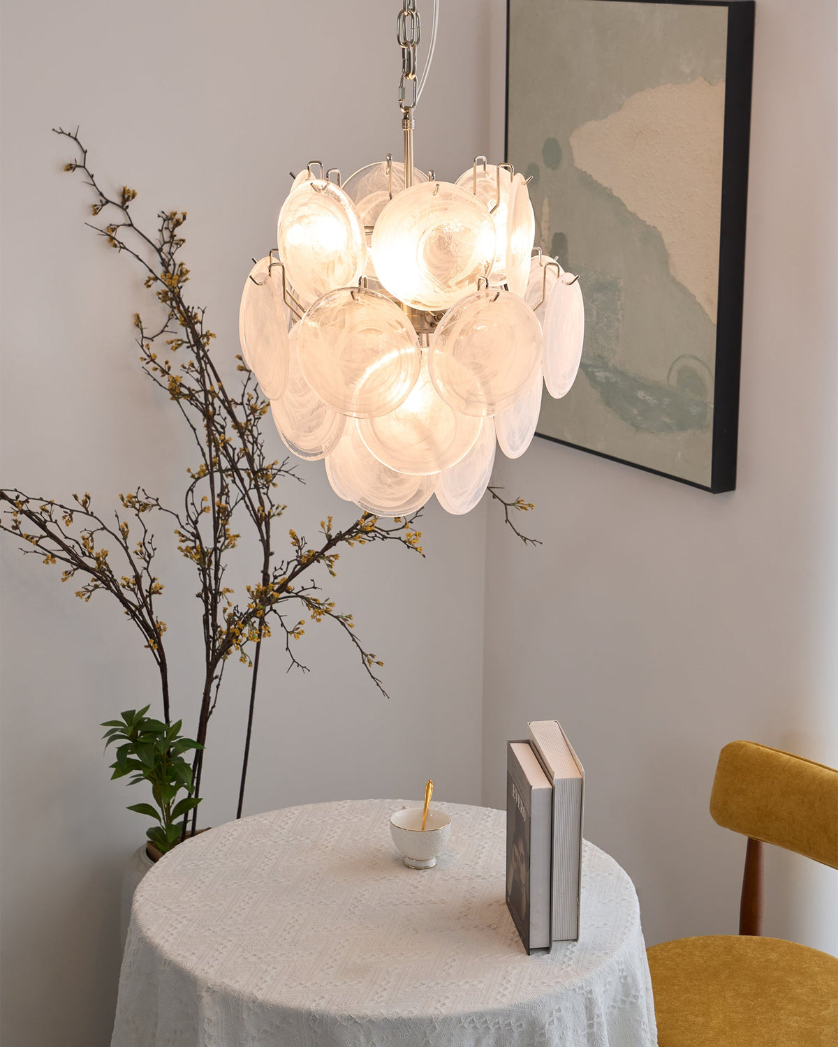 Aqua White Glass Disc Chandelier for Dining Room and Living Room