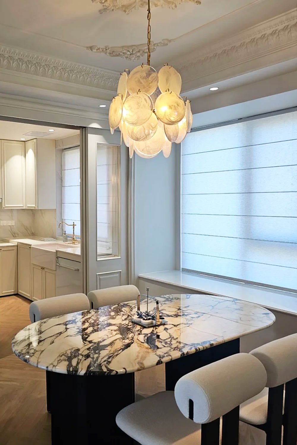Aqua White Glass Disc Chandelier for Dining Room and Living Room