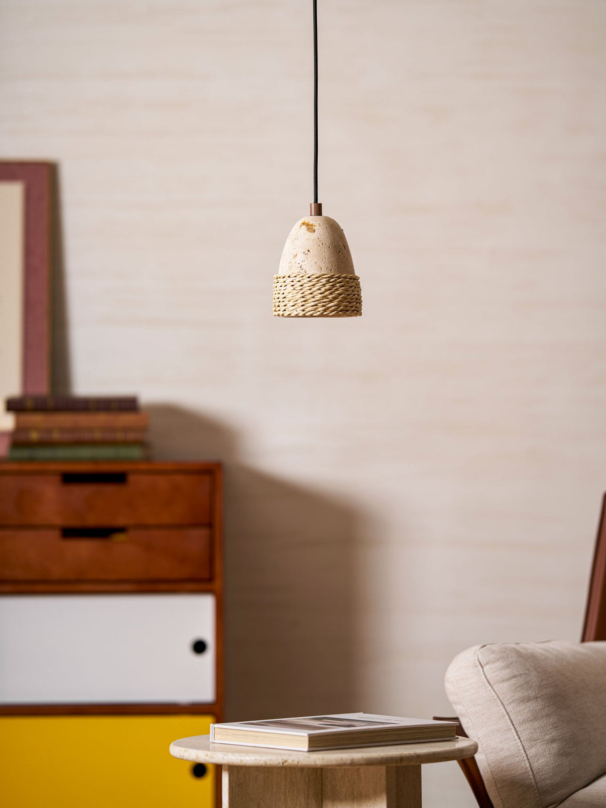 Arbor Nest Travertine Pendant Light with Rattan Accent