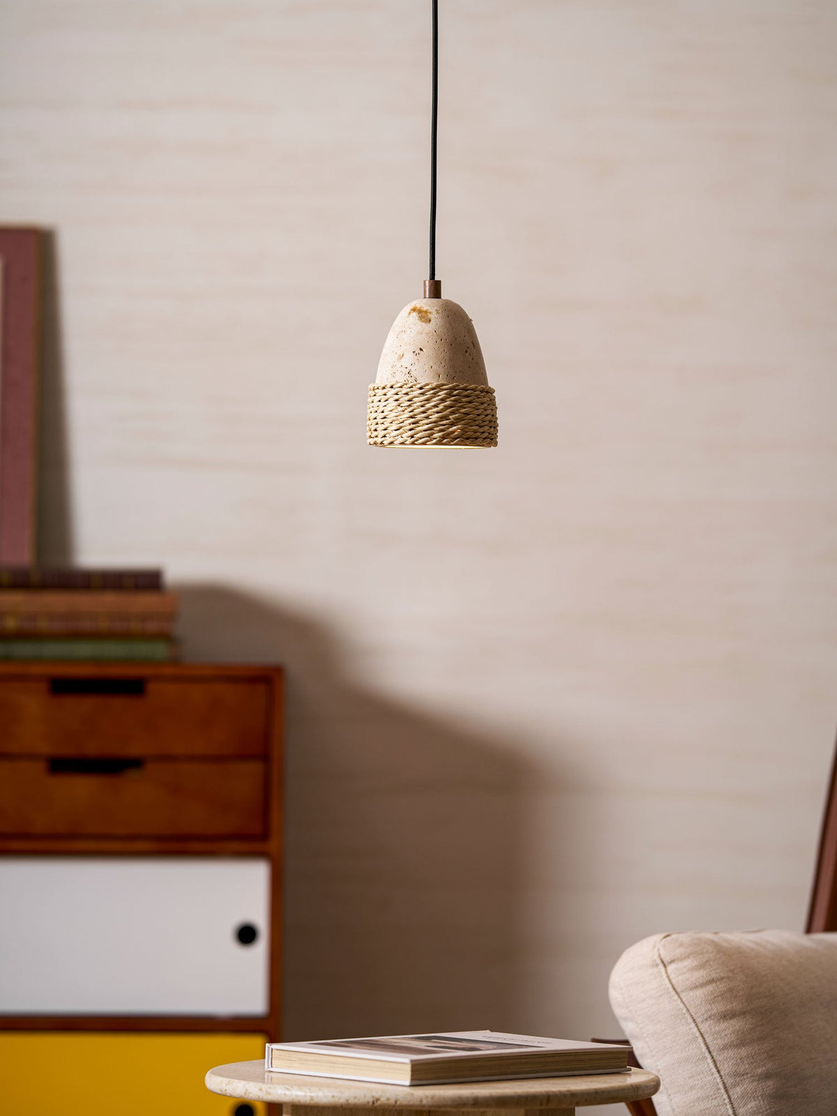 Arbor Nest Travertine Pendant Light with Rattan Accent