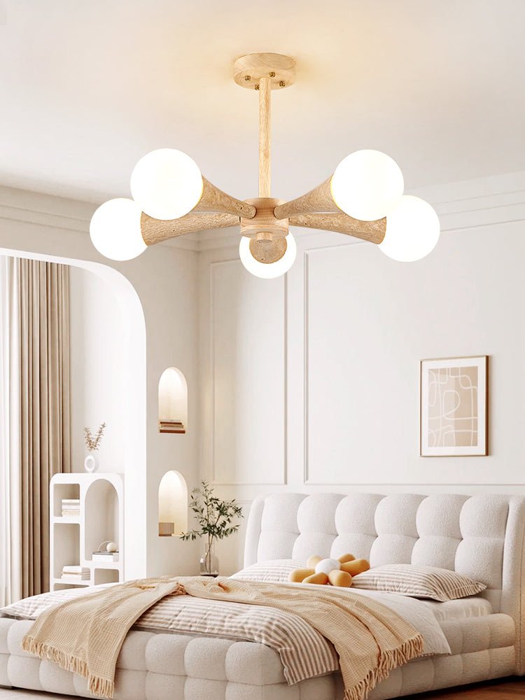 Arbor Travertine Chandelier | Natural Stone & Wood Pendant Light for Dining Room