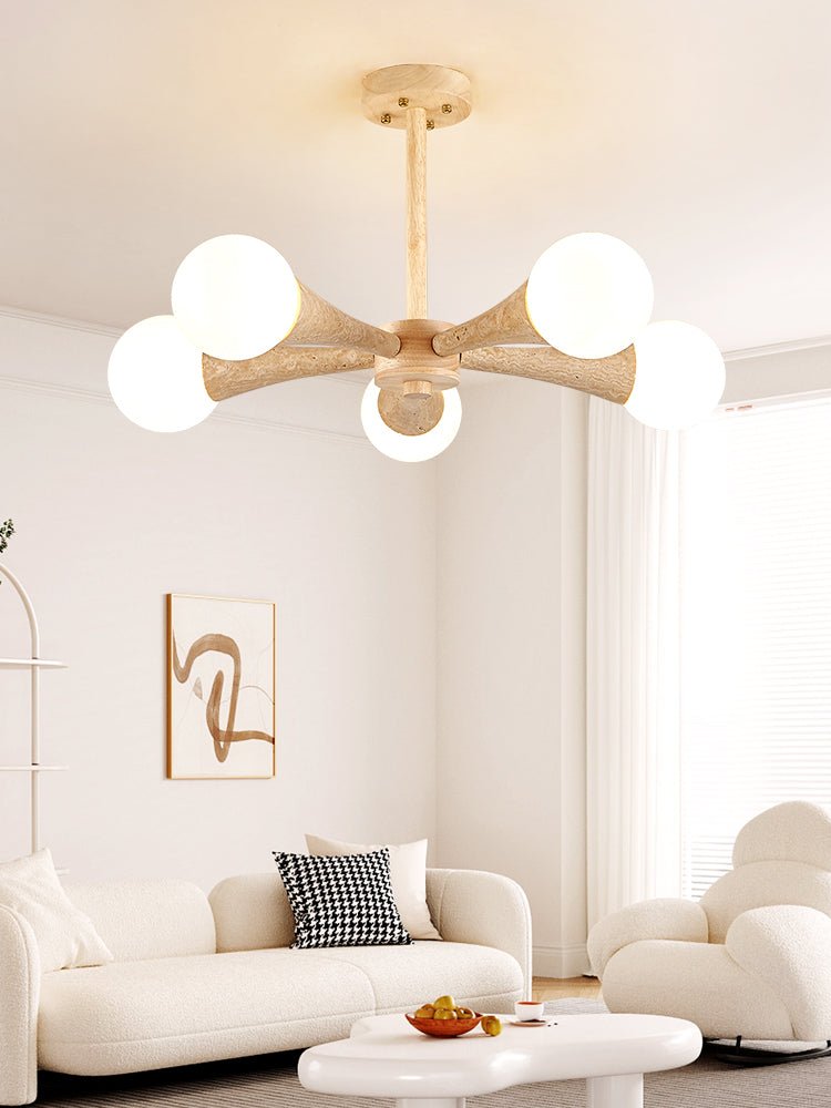 Arbor Travertine Chandelier | Natural Stone & Wood Pendant Light for Dining Room