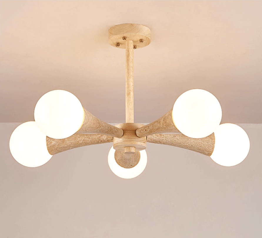 Arbor Travertine Chandelier | Natural Stone & Wood Pendant Light for Dining Room