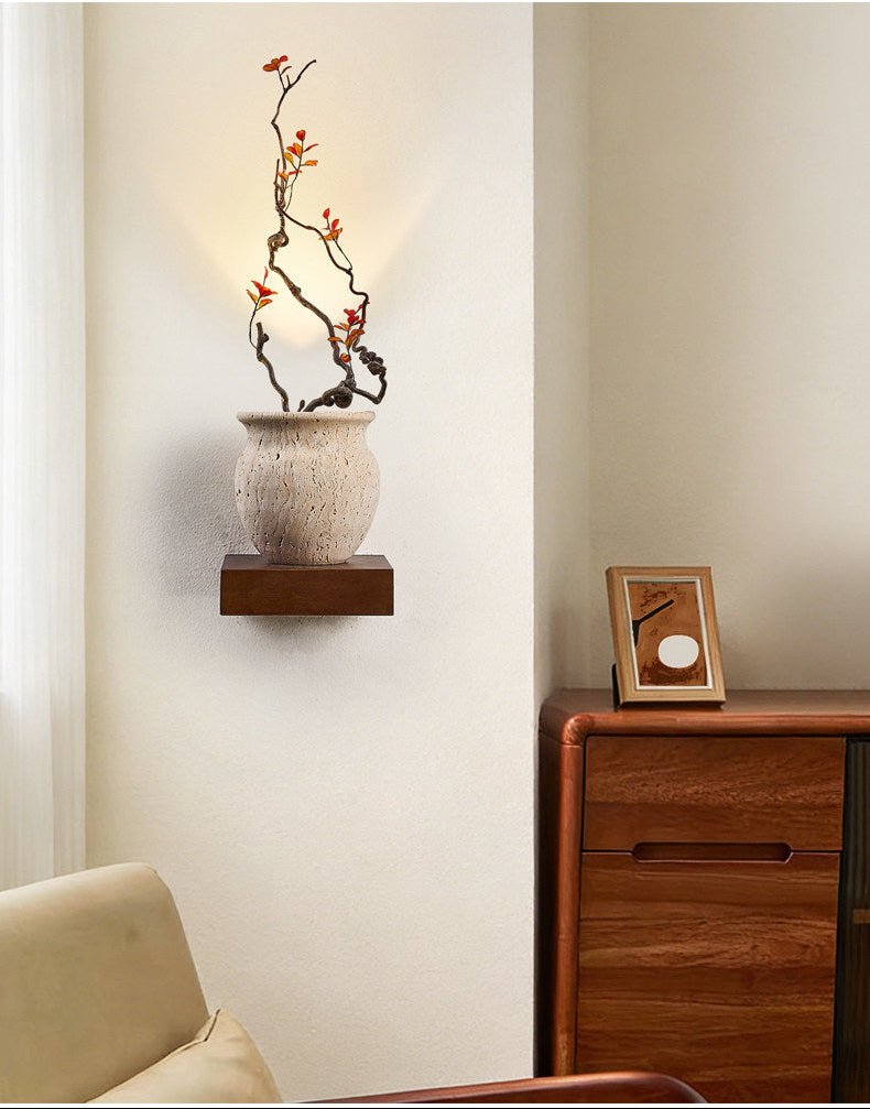 Arbor Sculptural Wall Sconce in Yellow Travertine and Wood