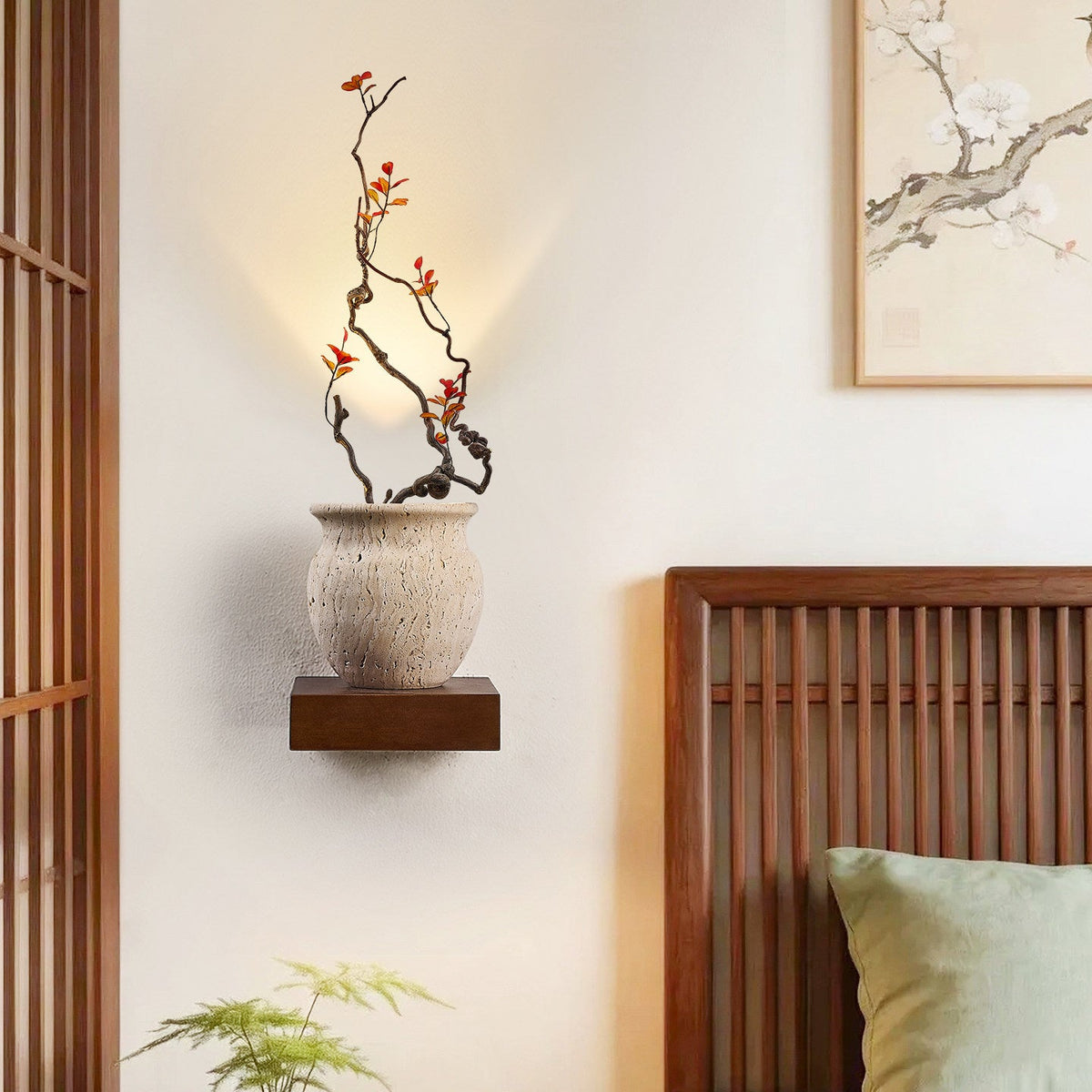 Arbor Sculptural Wall Sconce in Yellow Travertine and Wood