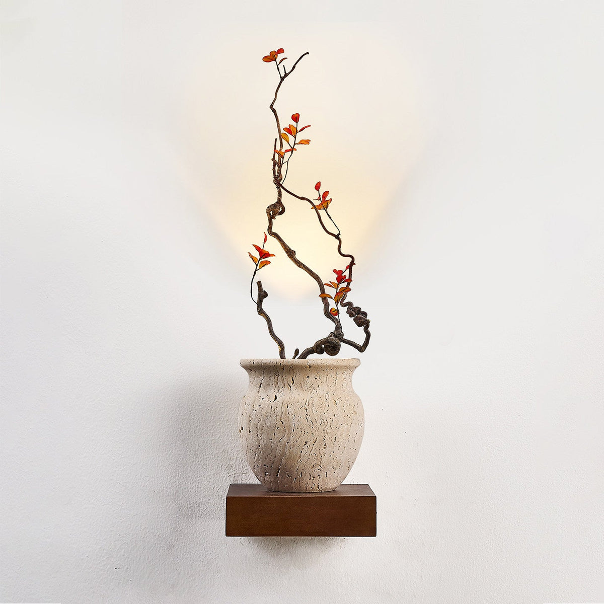 Arbor Sculptural Wall Sconce in Yellow Travertine and Wood