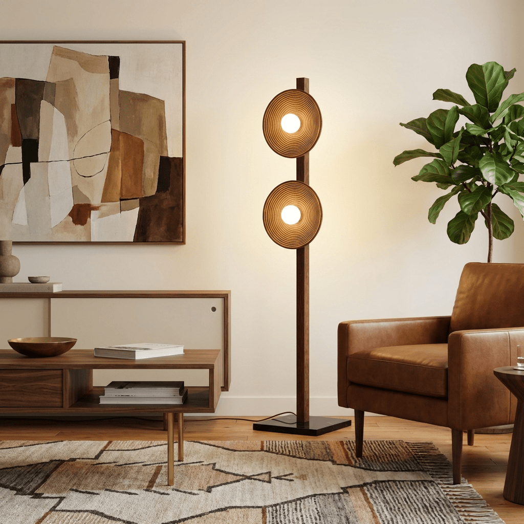 Arbor Twin Disc Floor Lamp — Sculptural Wooden Designer Floor Light