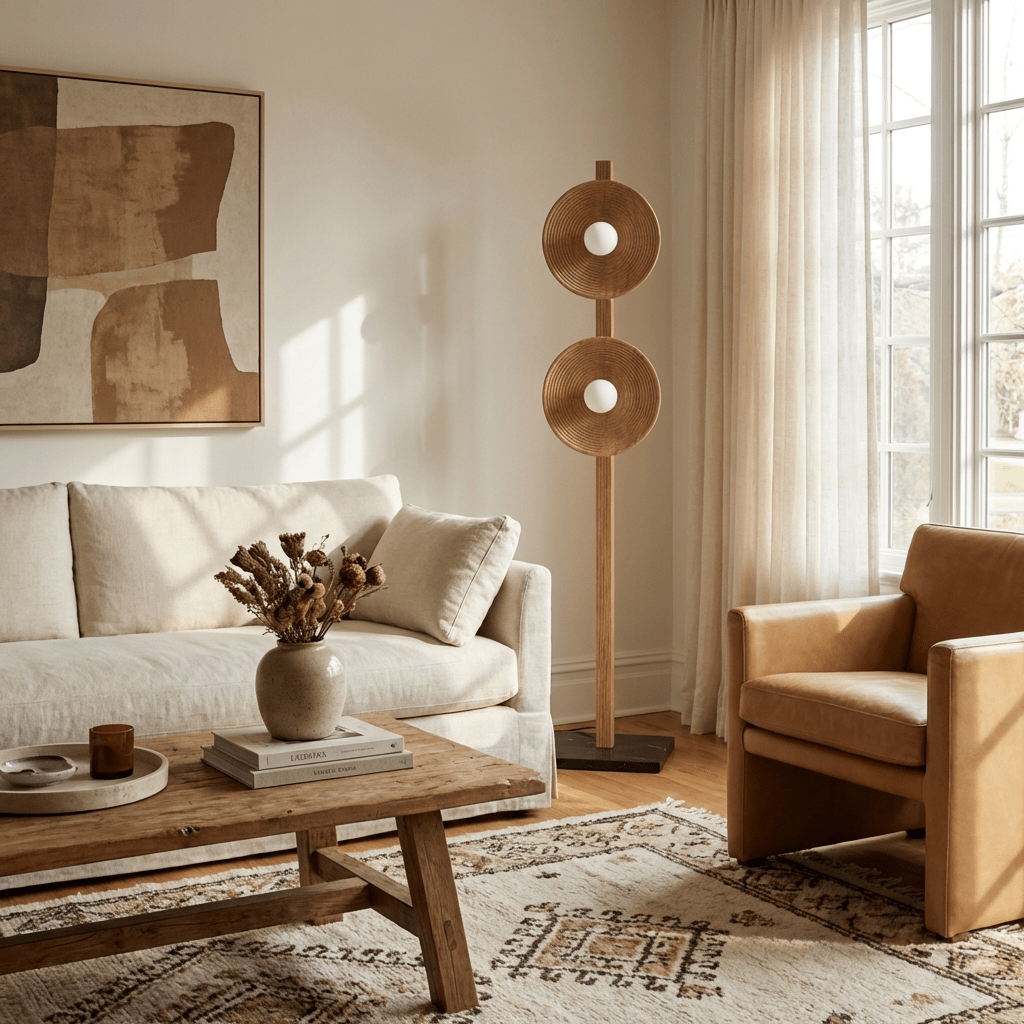 Arbor Twin Disc Floor Lamp — Sculptural Wooden Designer Floor Light