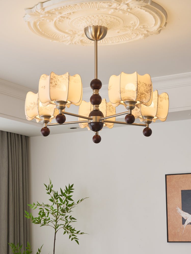 Arboris Floral Chandelier – Designer Fabric Pendant Light with Wood Accents