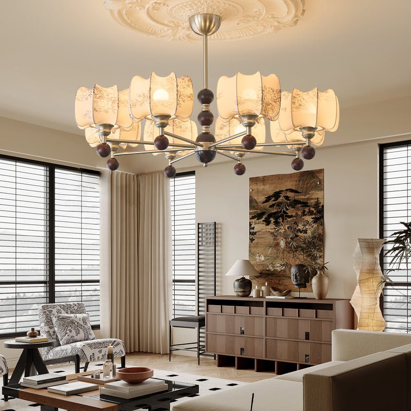 Arboris Floral Chandelier – Designer Fabric Pendant Light with Wood Accents