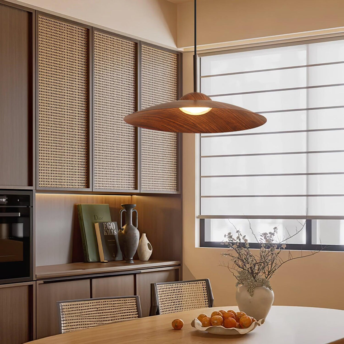 Arcadian Wood Grain Dome Pendant Light with Integrated LED