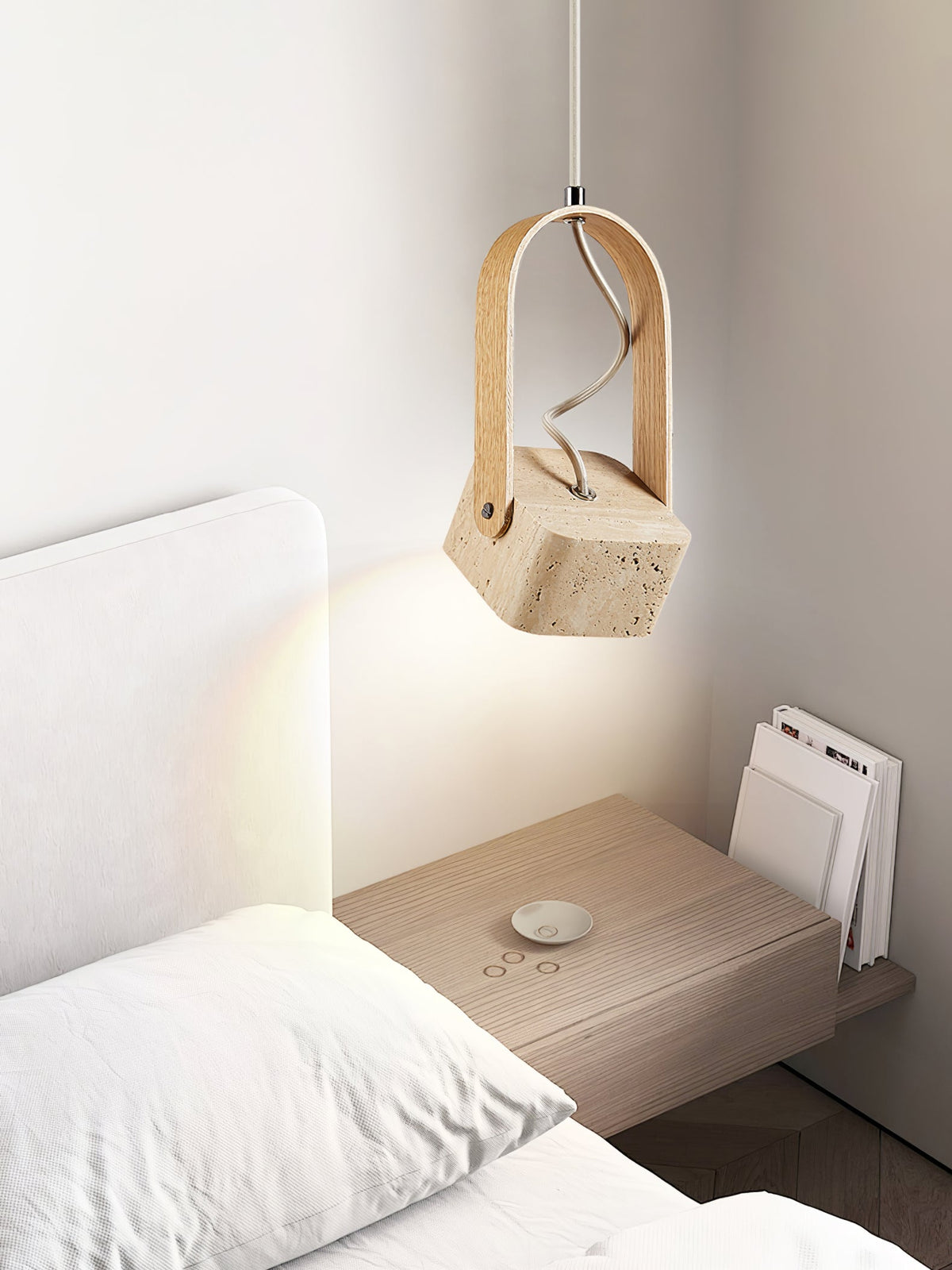 Arcello Pendant Light in Oak and Travertine | Sculptural Modern Pendant